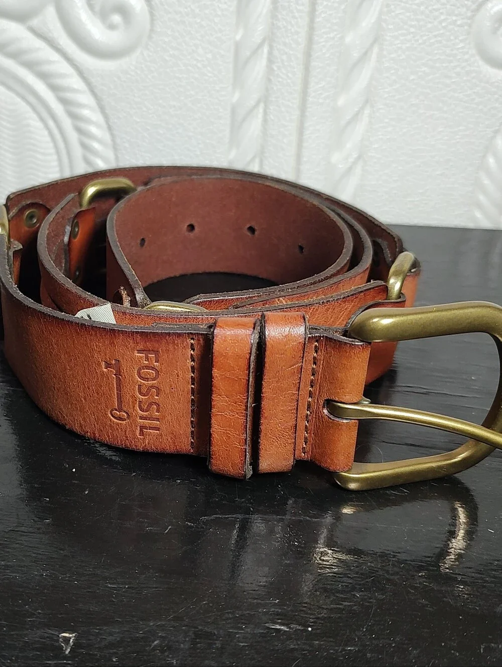 Fossil Women's  Tan/Brown Leather Connector Belt with Brass-Tone Buckle Size L
